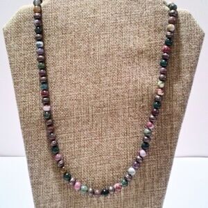 Vintage Multi Color Agate Bead Necklace with Silver Tone Accents